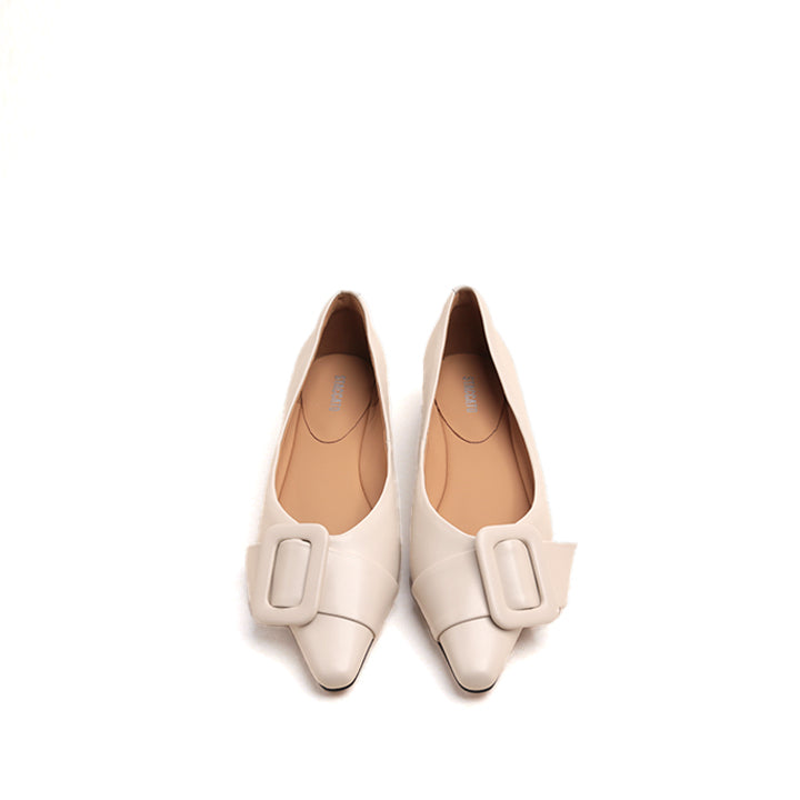 Beige Buckle Strap Leather Flats