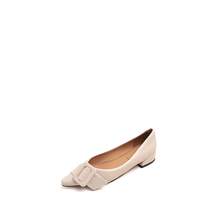 Beige Buckle Strap Leather Flats