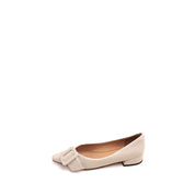 Beige Buckle Strap Leather Flats