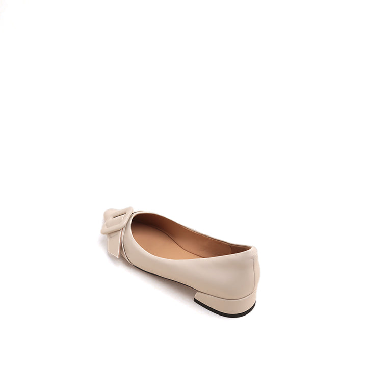 Beige Buckle Strap Leather Flats