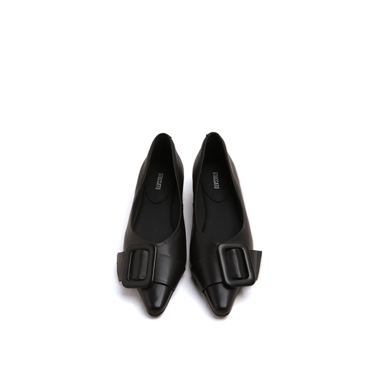 Black Buckle Strap Leather Flats