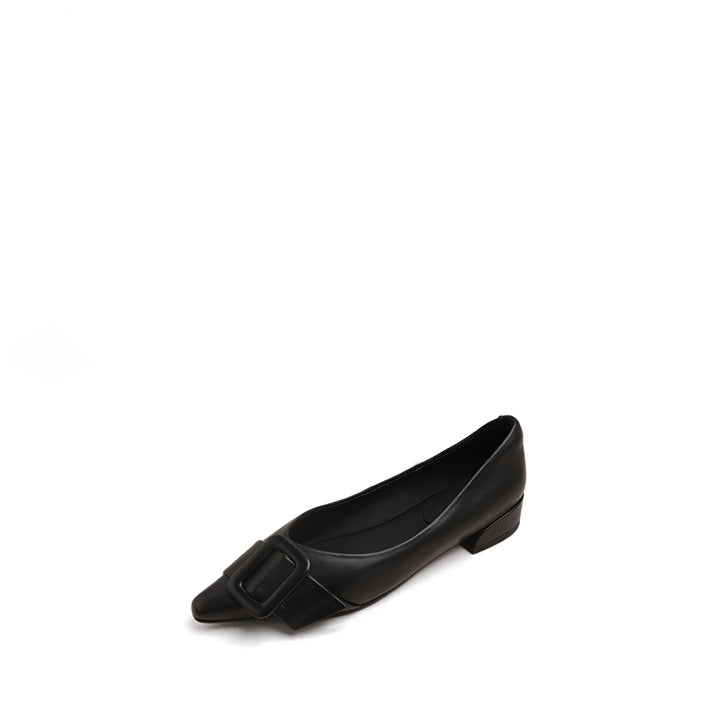 Black Buckle Strap Leather Flats