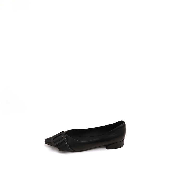 Black Buckle Strap Leather Flats