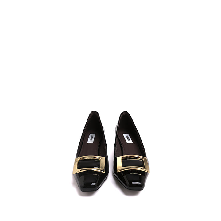Black Patent Calf Square Buckle Heel Pumps