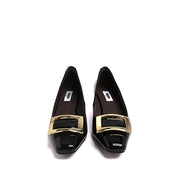 Black Patent Calf Square Buckle Heel Pumps