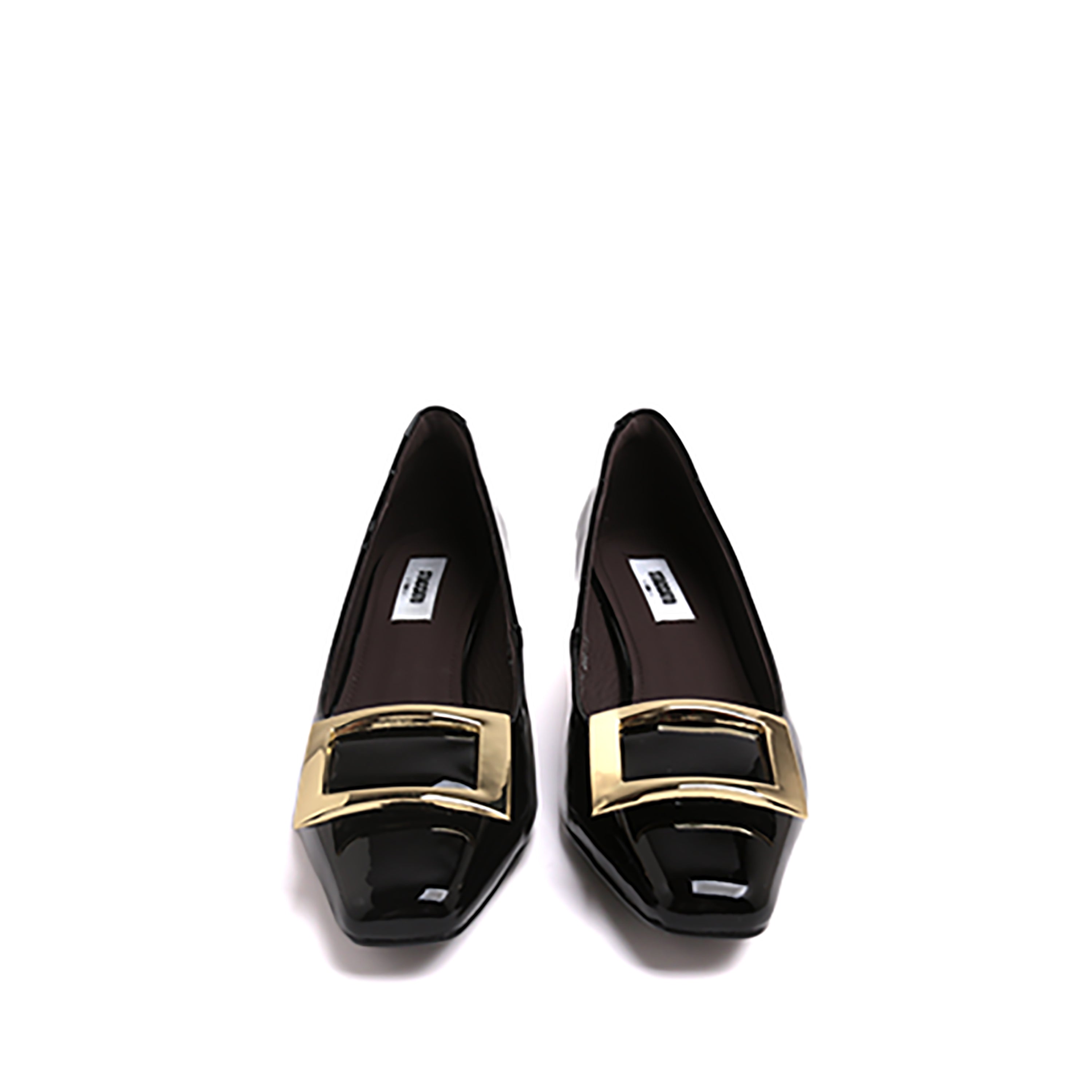 Black Patent Calf Square Buckle Heel Pumps