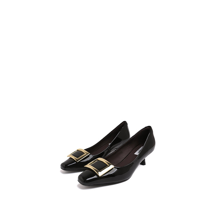 Black Patent Calf Square Buckle Heel Pumps
