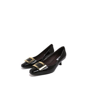 Black Patent Calf Square Buckle Heel Pumps