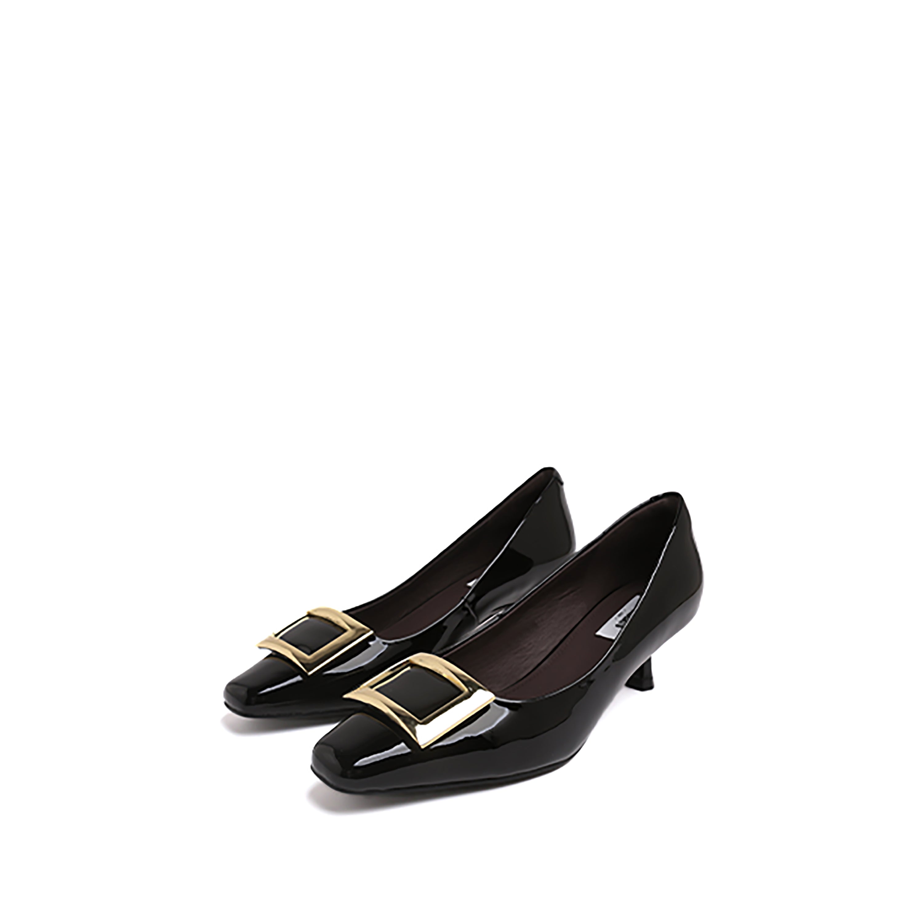 Black Patent Calf Square Buckle Heel Pumps