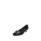 Black Patent Calf Square Buckle Heel Pumps