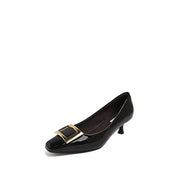 Black Patent Calf Square Buckle Heel Pumps