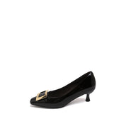 Black Patent Calf Square Buckle Heel Pumps