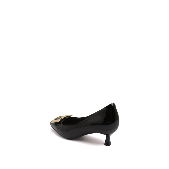 Black Patent Calf Square Buckle Heel Pumps