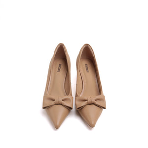 Taupe Bow Pointy  Leather Pumps