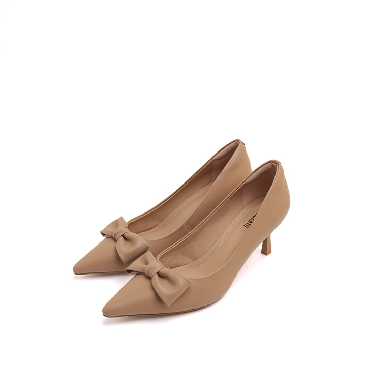 Taupe Bow Pointy  Leather Pumps