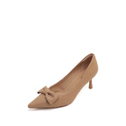 Taupe Bow Pointy  Leather Pumps