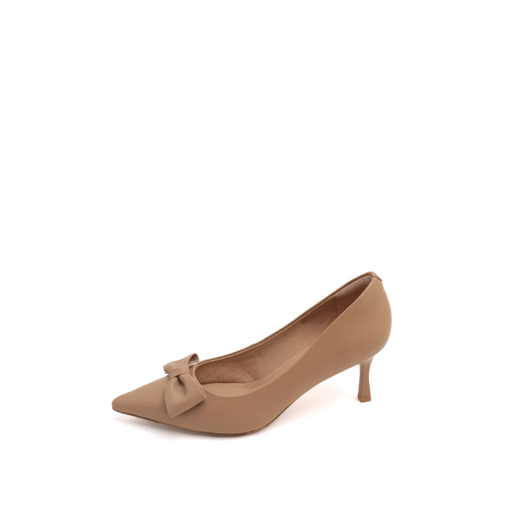 Taupe Bow Pointy  Leather Pumps