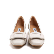 Beige Leather Square-Toe Square-Buckle Block-Heel Pumps
