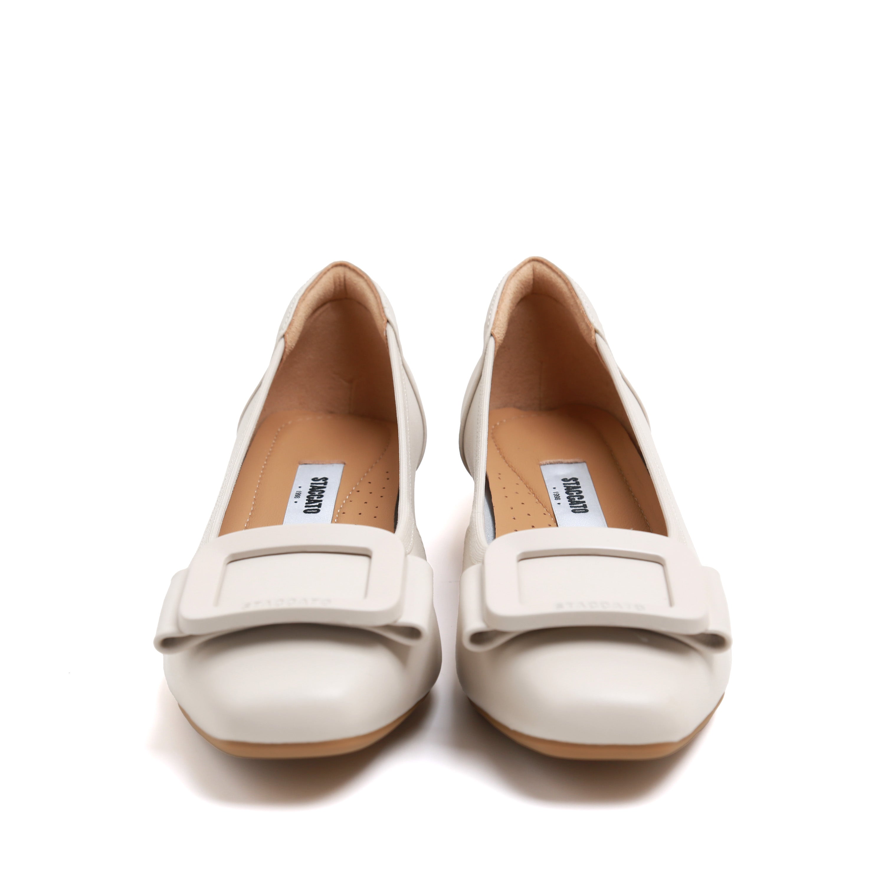 Beige Leather Square-Toe Square-Buckle Block-Heel Pumps