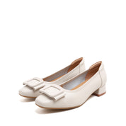 Beige Leather Square-Toe Square-Buckle Block-Heel Pumps