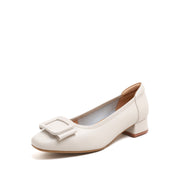 Beige Leather Square-Toe Square-Buckle Block-Heel Pumps