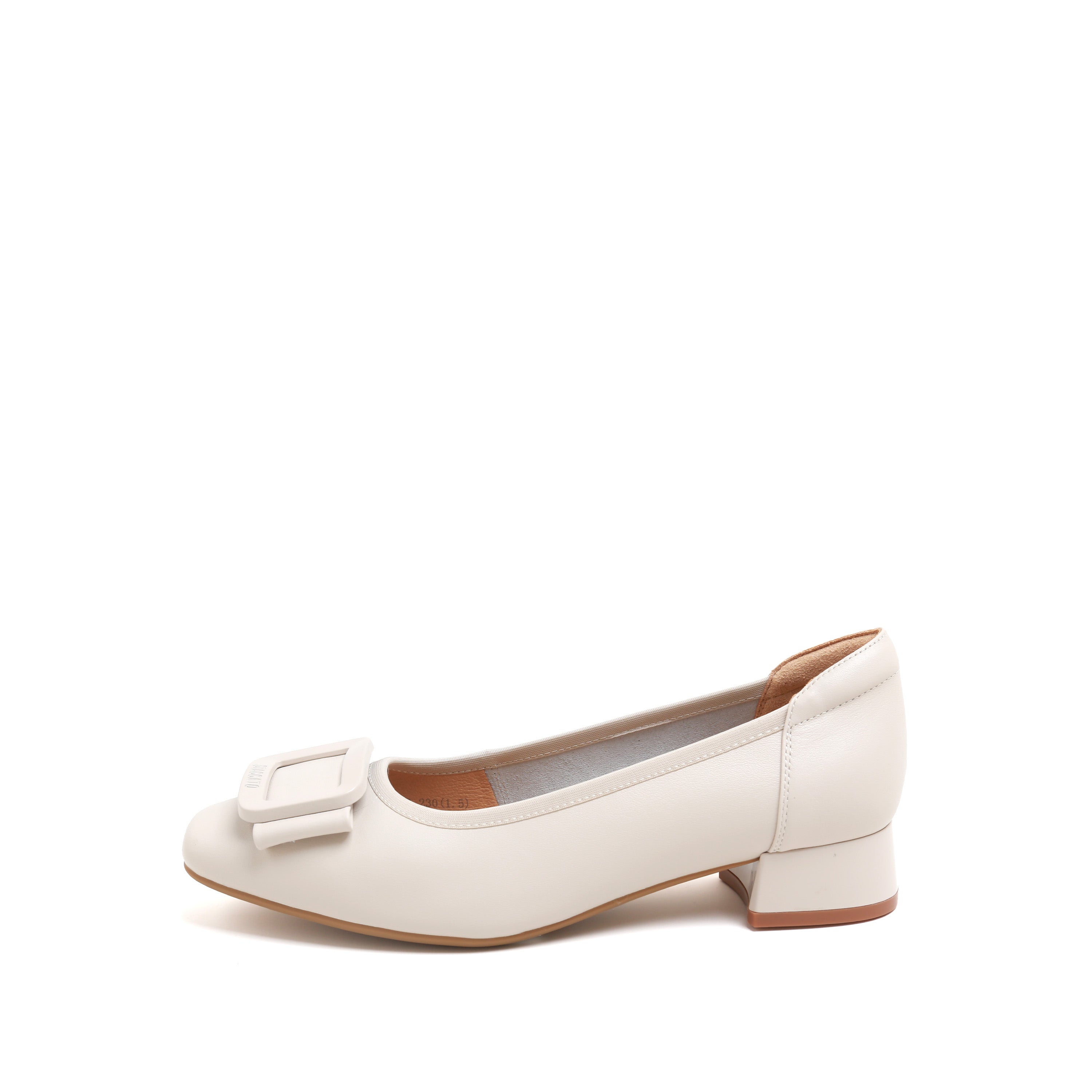 Beige Leather Square-Toe Square-Buckle Block-Heel Pumps
