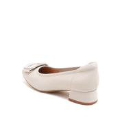 Beige Leather Square-Toe Square-Buckle Block-Heel Pumps