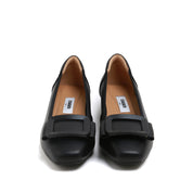 Black Leather Square-Toe Square-Buckle Block-Heel Pumps