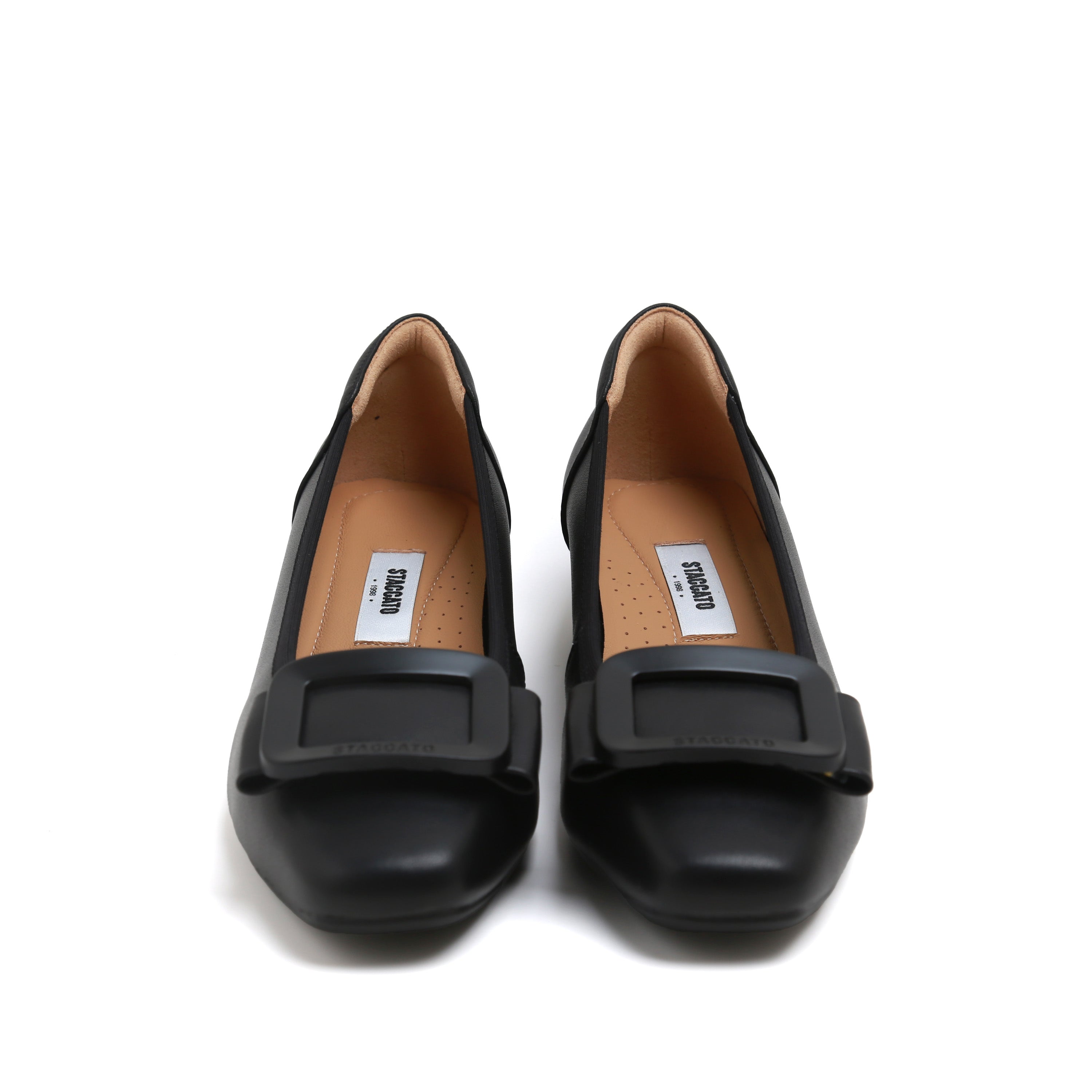 Black Leather Square-Toe Square-Buckle Block-Heel Pumps