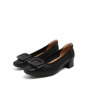 Black Leather Square-Toe Square-Buckle Block-Heel Pumps