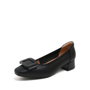 Black Leather Square-Toe Square-Buckle Block-Heel Pumps