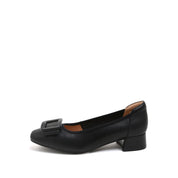 Black Leather Square-Toe Square-Buckle Block-Heel Pumps
