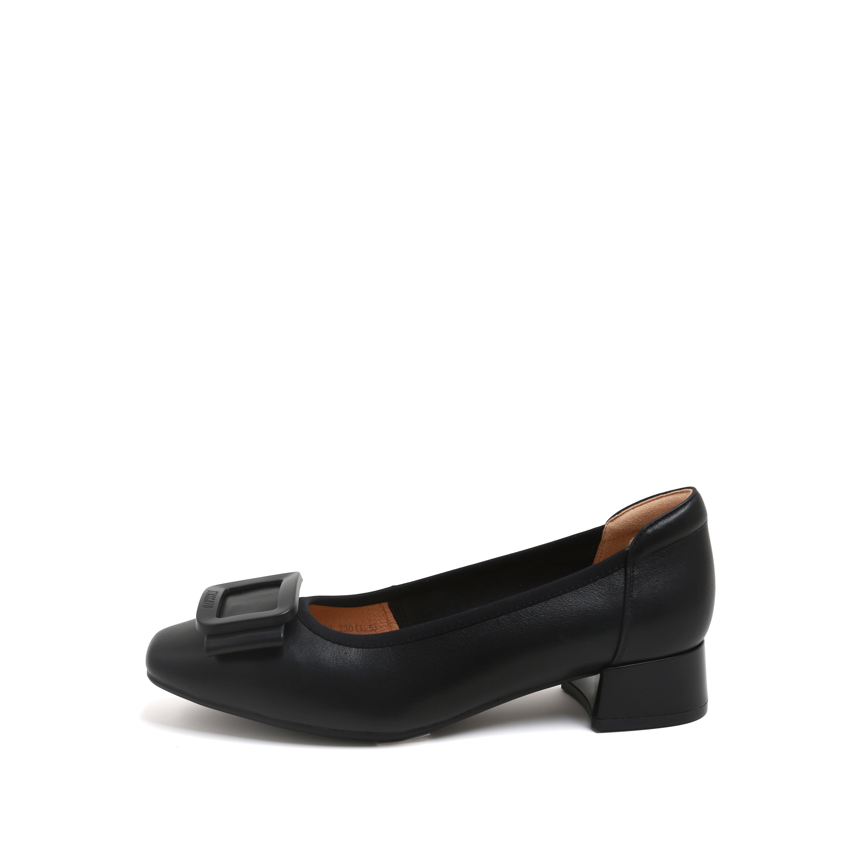 Black Leather Square-Toe Square-Buckle Block-Heel Pumps