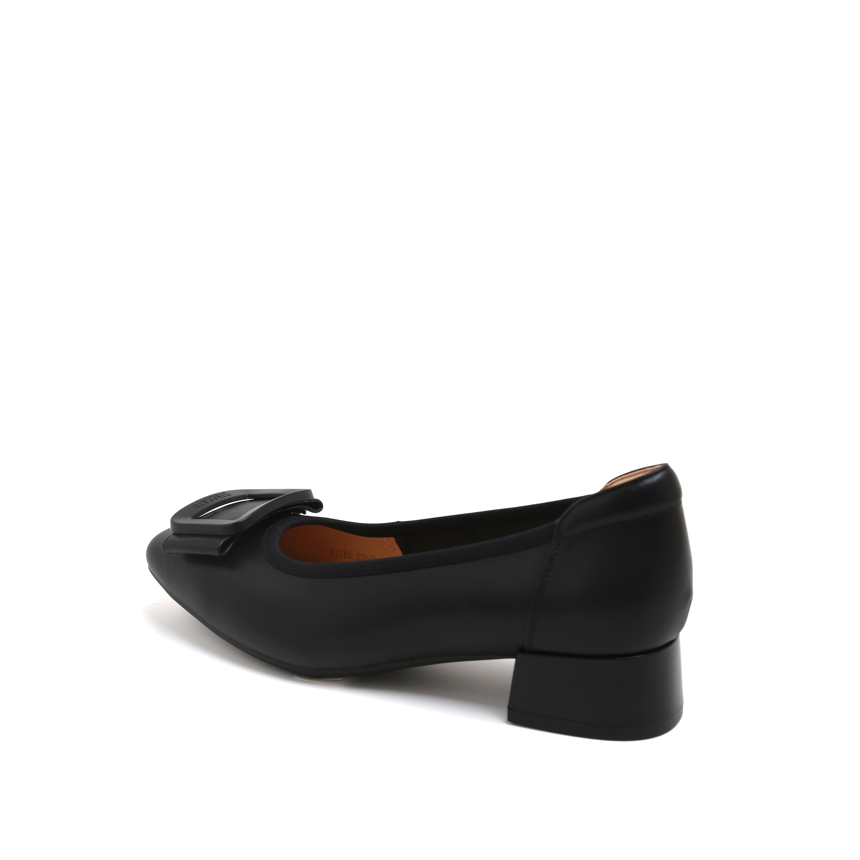Black Leather Square-Toe Square-Buckle Block-Heel Pumps