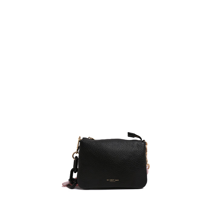 Black Pebbled Leather Shoulder Bag with Pink Resin Chain