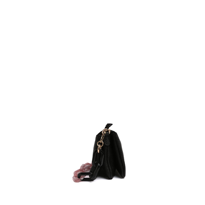 Black Pebbled Leather Shoulder Bag with Pink Resin Chain