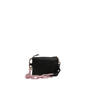 Black Pebbled Leather Shoulder Bag with Pink Resin Chain