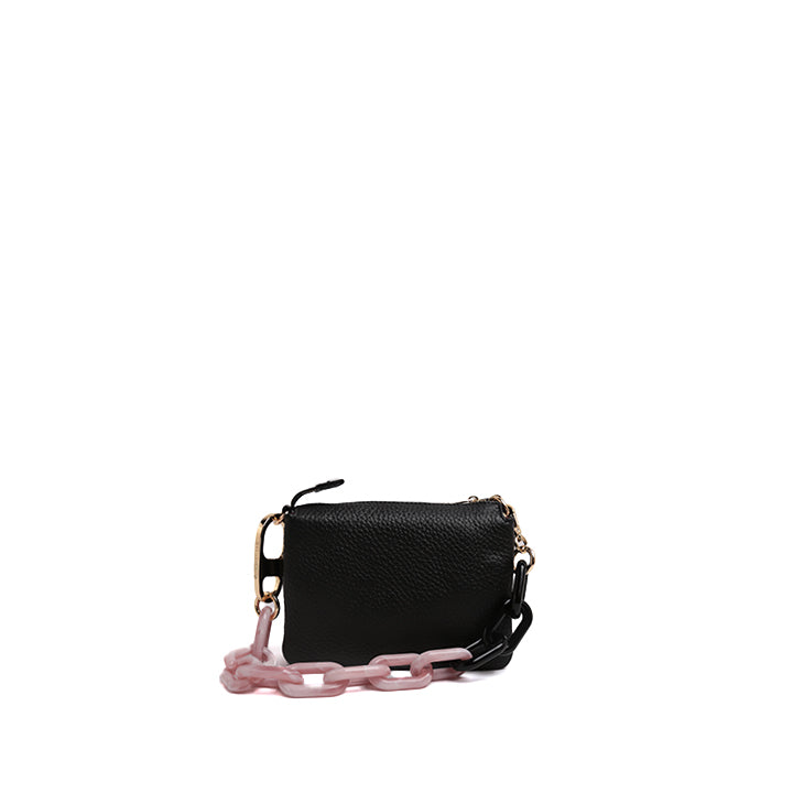 Black Pebbled Leather Shoulder Bag with Pink Resin Chain