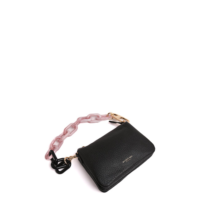 Black Pebbled Leather Shoulder Bag with Pink Resin Chain