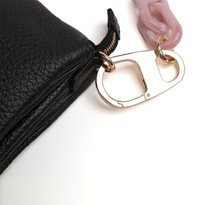 Black Pebbled Leather Shoulder Bag with Pink Resin Chain