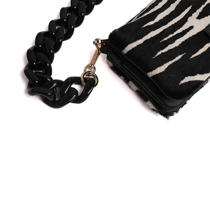 Zebra Print Calf Hair Shoulder Bag with Chunky Chain