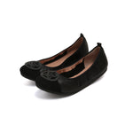 Load image into Gallery viewer, Black ST Buckle Suede-Toe Cap Ballerina Flats
