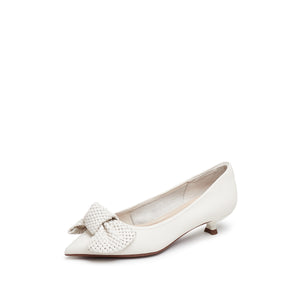 Beige Woven-Bow Leather Pumps