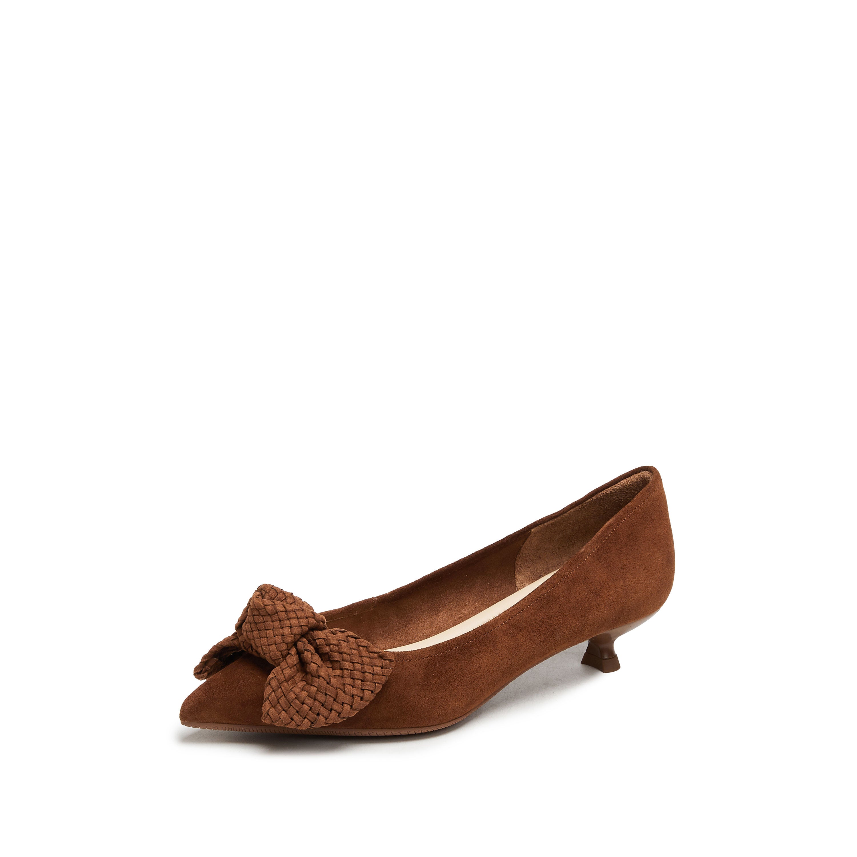 Brown Woven-Bow Suede Pumps