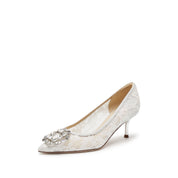 White Crystal Buckle Lace Heeled Pumps