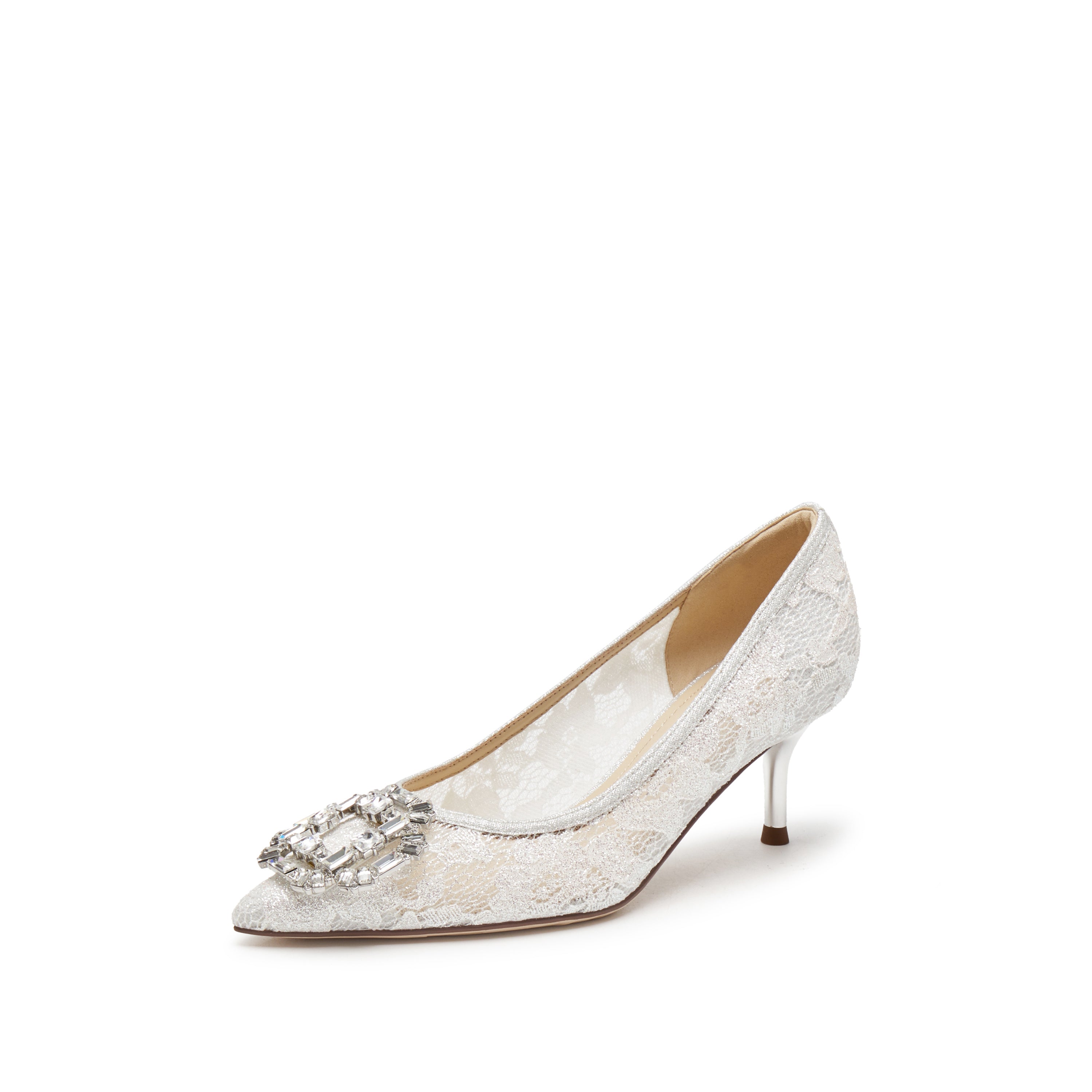 White Crystal Buckle Lace Heeled Pumps