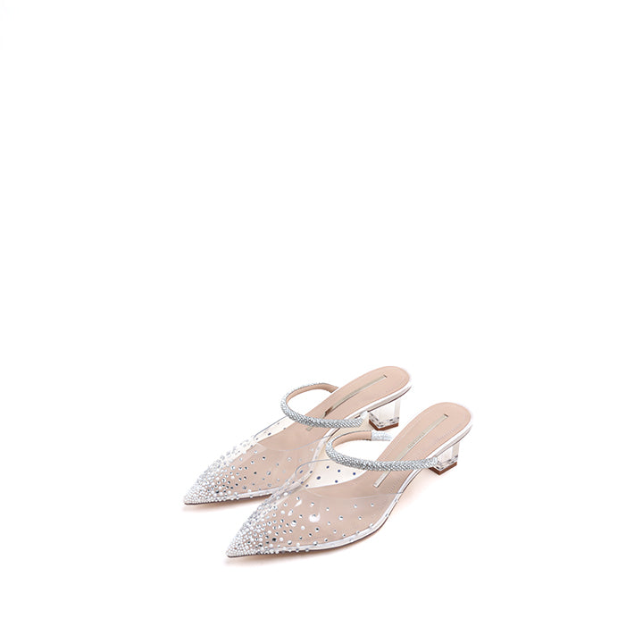 Crystal Pointed Transparent Heel Mule Pumps