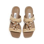 Taupe Crystal Bead Straw Heeled Sandals