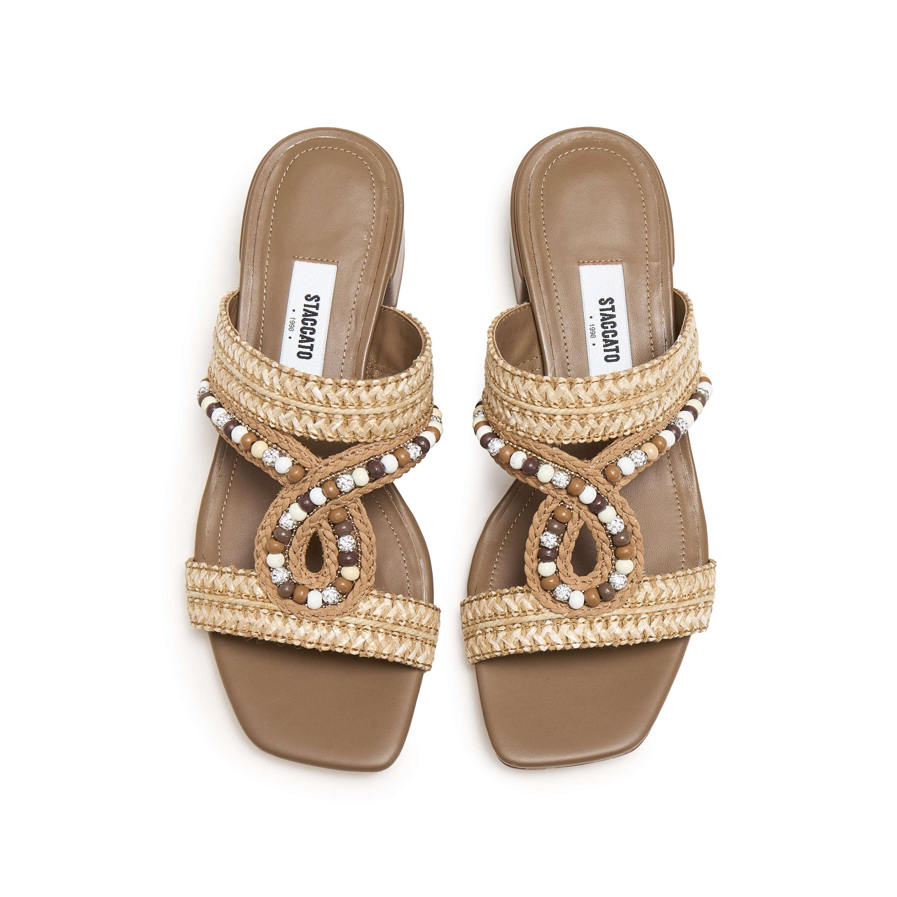 Taupe Crystal Bead Straw Heeled Sandals