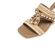 Taupe Crystal Bead Straw Heeled Sandals